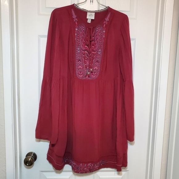 Knox Rose Dress Flutter Sleeves Sz M Burgundy Embroidered - Picture 1 of 10